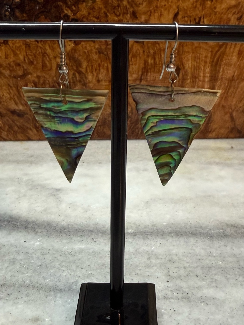 Beautiful Abalone Triangle Drop Earrings — Iridescent Green & Purple